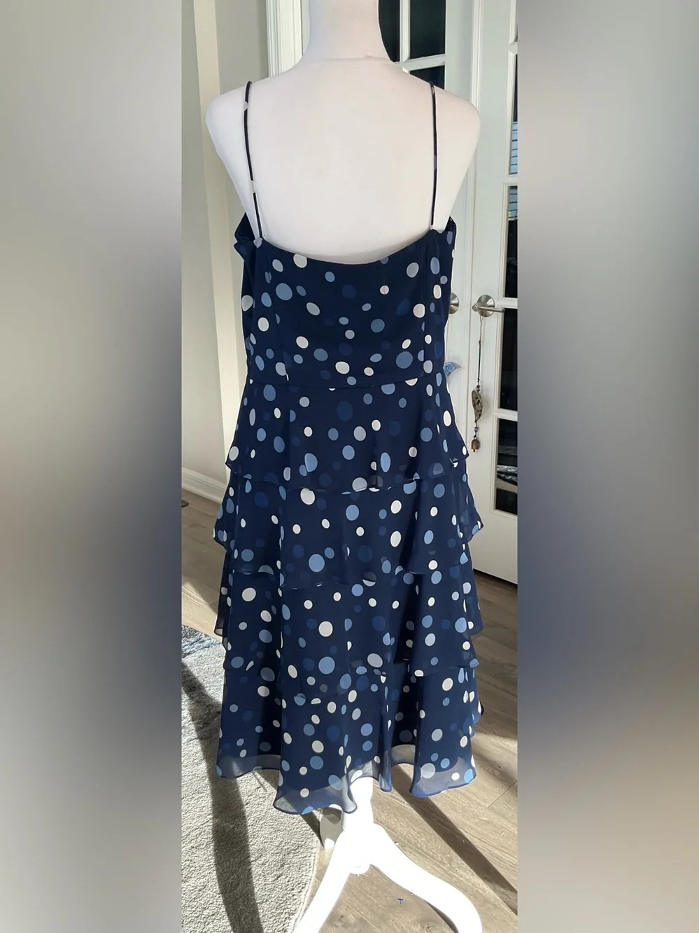 Dressbarn Navy Blue Polka Dot Tiered Chiffon Midi Dress Ruffle Size 12 GUC - Picture 5 of 13
